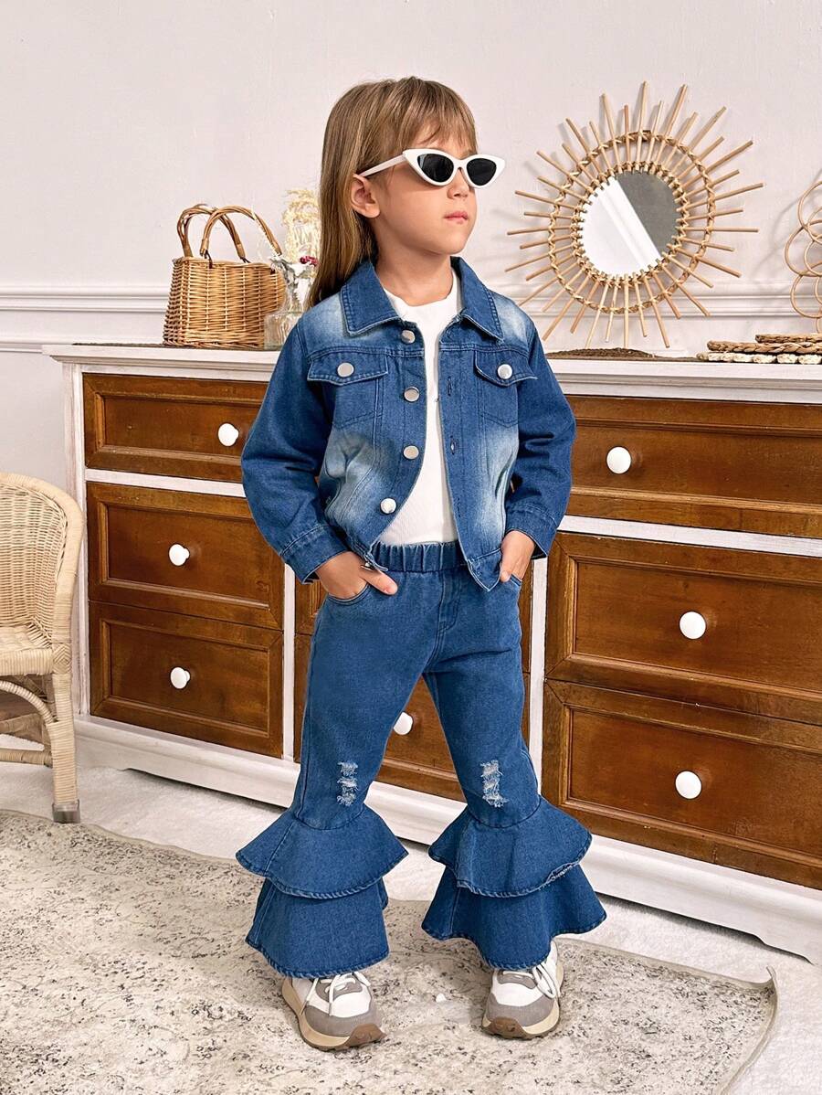 SHEIN 3pcs/Set Young Girls Spring/Autumn Solid Ribbed Crew Neck Long Sleeve T-Shirt + Flared Jeans + Denim Jacket - Multicolor - View 1