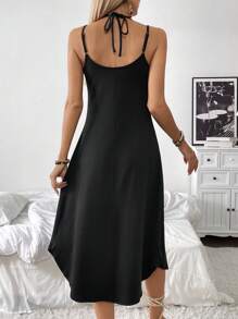 SHEIN LUNE Vestido de tirantes delgados de mujer, casual, holgado, sin espalda, con abertura y una sensacion relajante - Negro - Ver 2
