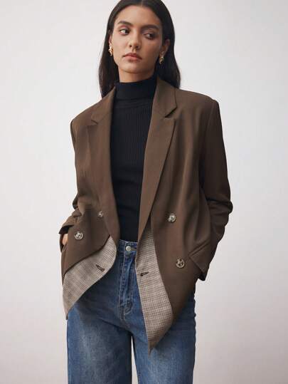 BizChic Women's Casual Commuter Double-Layer Lapel Plaid Patchwork Blazer Fall Women Outfits Thermal