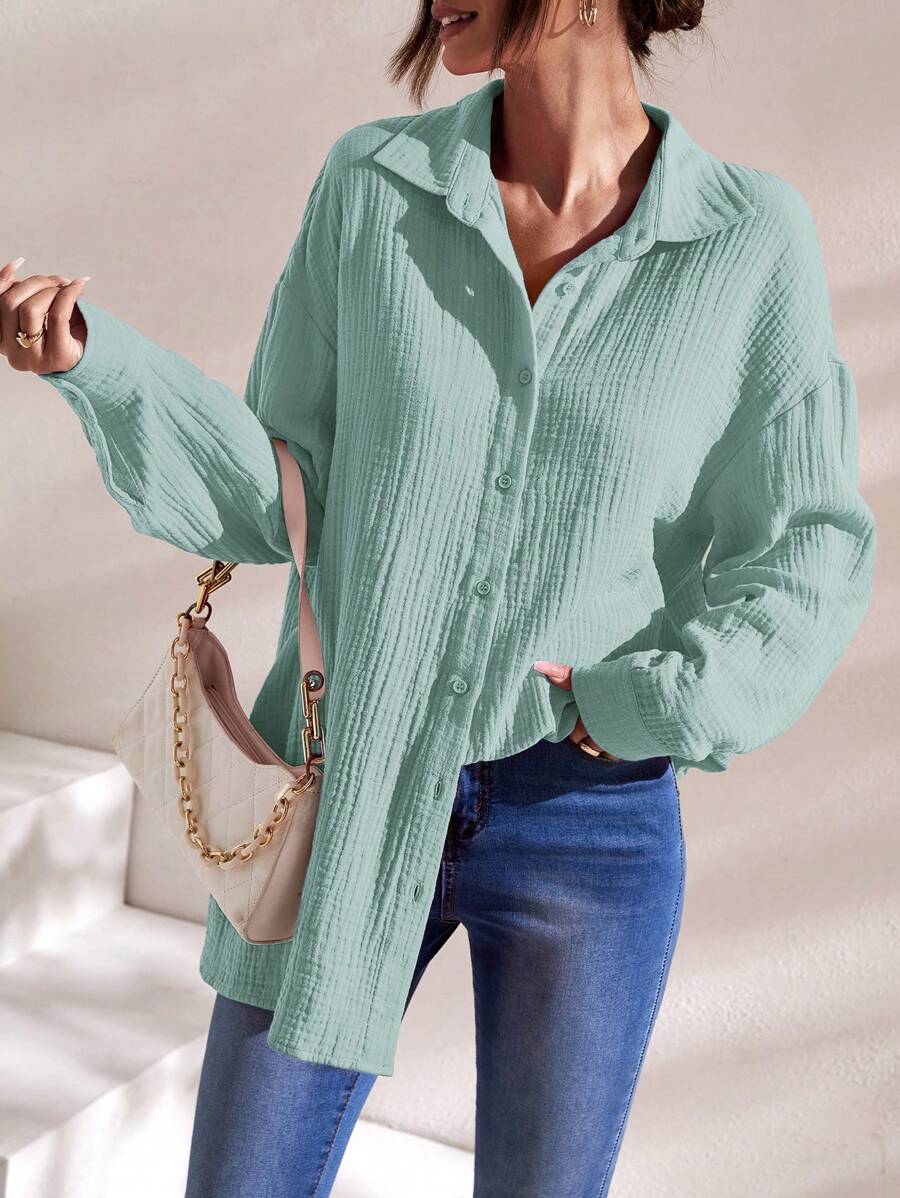 SHEIN Frenchy 落肩纯色长款衬衫 夏季上衣 度假服装 - 青碧色 - 查看 1