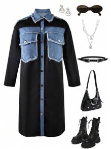 SHEIN Tween Girls' Denim Patchwork Mid-Length Jacket - Multicolor - View 1