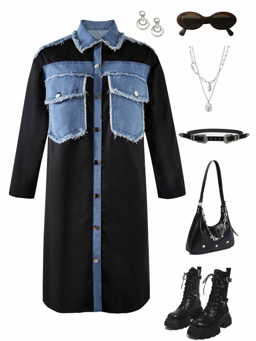 SHEIN Tween Girls' Denim Patchwork Mid-Length Jacket - Multicolor - View 1