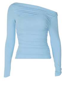 INAWLY Femmes Tee-shirt ajusté à manches longues plissé, col asymétrique, couleur unie, printemps/été - Bleu azur - Voir 7