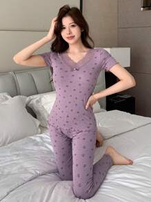 DAZY Lace Patchwork Ditsy Floral Ruffle Trim Short Sleeve Sleepwear Set Pajama