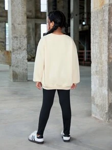 SHEIN Ensemble de 2 pièces pour fille préadolescente : sweat-shirt imprimé de lettres et pantalon, ensemble de sport décontracté - Nude - Voir 2