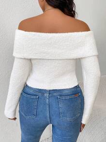 SHEIN Frenchy Jersey holgado de un solo color con mangas largas y hombros descubiertos para mujer de talla grande - Blanco - Ver 3