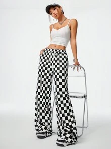 Coolane Women's Fall Y2K Checkered Pattern Casual Pants - Black and White - View 3