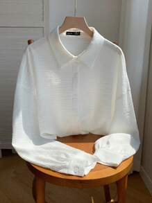 Comfortcana Women's Solid Color Shirt Collar Button Up Long Sleeve Simple Blouse, Casual Everyday Wear