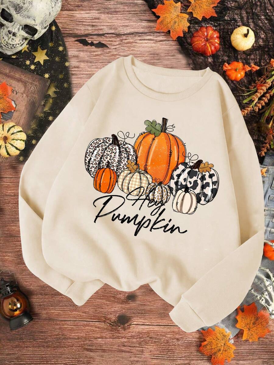 Young Girl Round Neck Comfortable Halloween Printed Sweatshirt - Khaki - View 1