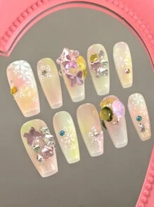 ROMWE Goth 10pcs Set Aurora Butterfly & Floral Design Decorated Press-On Nails, Reusable With Jelly Gel - Multicolor - View 2