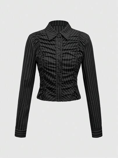 Grunge Punk Women's Striped Fitted Long Sleeve Blouse