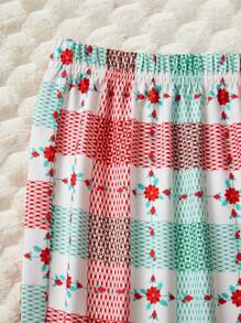 Garabateo Artist Plaid & Floral Flower Print Long Sleeve Top & Pants Warm Pajamas Set, For Holiday, Spring & Summer, Going Out