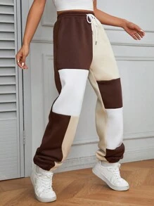 Flirla Colorblock Drawstring Waist Slant Pocket Sweatpants Graduation,Back To School Outfits,Graduation,Teacher Outfits For Women,Back To School