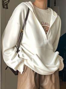 DAZY Sudadera con capucha de unicolor de manga larga con bolsillo y cuello en V para mujer, para uso diario casual, ropa de otoño