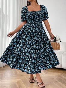 SHEIN SunnyBelle 大码方领短袖花卉印花度假连衣裙 - 黑色 - 查看 4