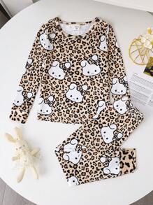 SHEIN 2pcs/Set Young Girl Cute Rabbit & Leopard Print Snug Fit Long Sleeve Pajama Set, Mommy And Me Matching Outfits (2 Pieces Sold Separately) - Multicolor - View 7