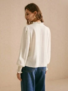 Poéselle White Linen Long-Sleeved Embroidered Shirt, Embroidered Shirt Women Embroidery Decorated Long Sleeve Blouse, Fall Women Clothes, Boho Style White Blouse, Featuring Intricate Embroidery, Luxurious Fabric, And Exceptional Breathability, This Garment Is Perfect For Everyday Wear, Commuting, Holidays, And Lounging At Home - White - View 5