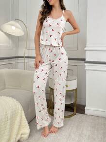 CottageSlumber 3件套女士樱花印花吊带背心、长裤和系带睡袍睡衣套装，秋冬舒适优雅细节