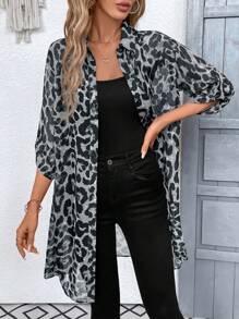 SHEIN Clasi Women's Elegant Leopard Print Adjustable Long Sleeve Open Front Long Shirt - Grey - View 8