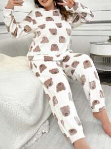 Plus Size Bear Print Flannel Long Sleeve Fluffy Pajama Set, Fall Winter Clothes - White - View 5
