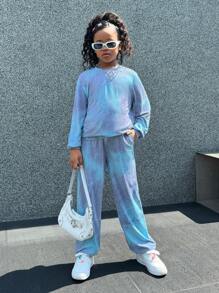 SHEIN 2 piezas/Conjunto Estilo callejero para niña preadolescente Sudadera de cuello redondo de punto con efecto tie-dye y pantalones largos Conjuntos a juego/a conjunto (se venden por separado) - Azul - Ver 5