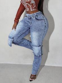 Slaydiva Front Button Simple Multi-Pocket Casual Denim Jeans