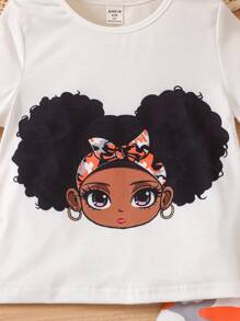 SHEIN 2pcs Young Girl Casual Outfit - Crew Neck Short Sleeve Character Print Top And Camouflage Pants - Orange - View 6