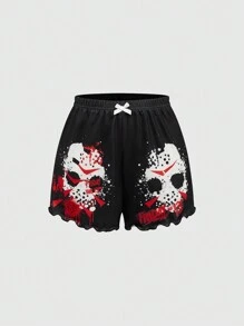 Friday the 13th X ROMWE Women Letter Graphic Lettuce Trim Casual Cami Top & Shorts Pajama Set - Black - View 5