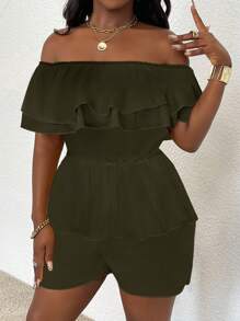 Zolique Women's Casual Off Shoulder Ruffled Romper - Army Green - View 4