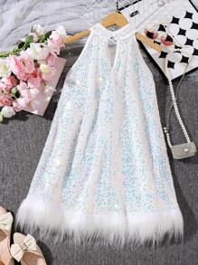 3pcs/Set Girls & Mommy Matching Sequin Decor Sleeveless High-Low Hem Dress Formal Gown For Party, Sold Separately