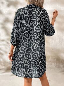 SHEIN Clasi Women's Elegant Leopard Print Adjustable Long Sleeve Open Front Long Shirt - Grey - View 2
