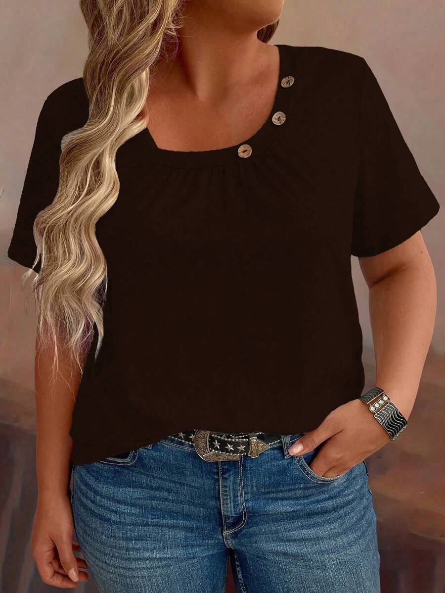 EMERY ROSE Plus Size Women Summer Solid Color Button Decor Short Sleeve Casual T-Shirt - Brown - View 1