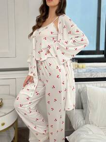 CottageSlumber 3件套女士樱花印花吊带背心、长裤和系带睡袍睡衣套装，秋冬舒适优雅细节