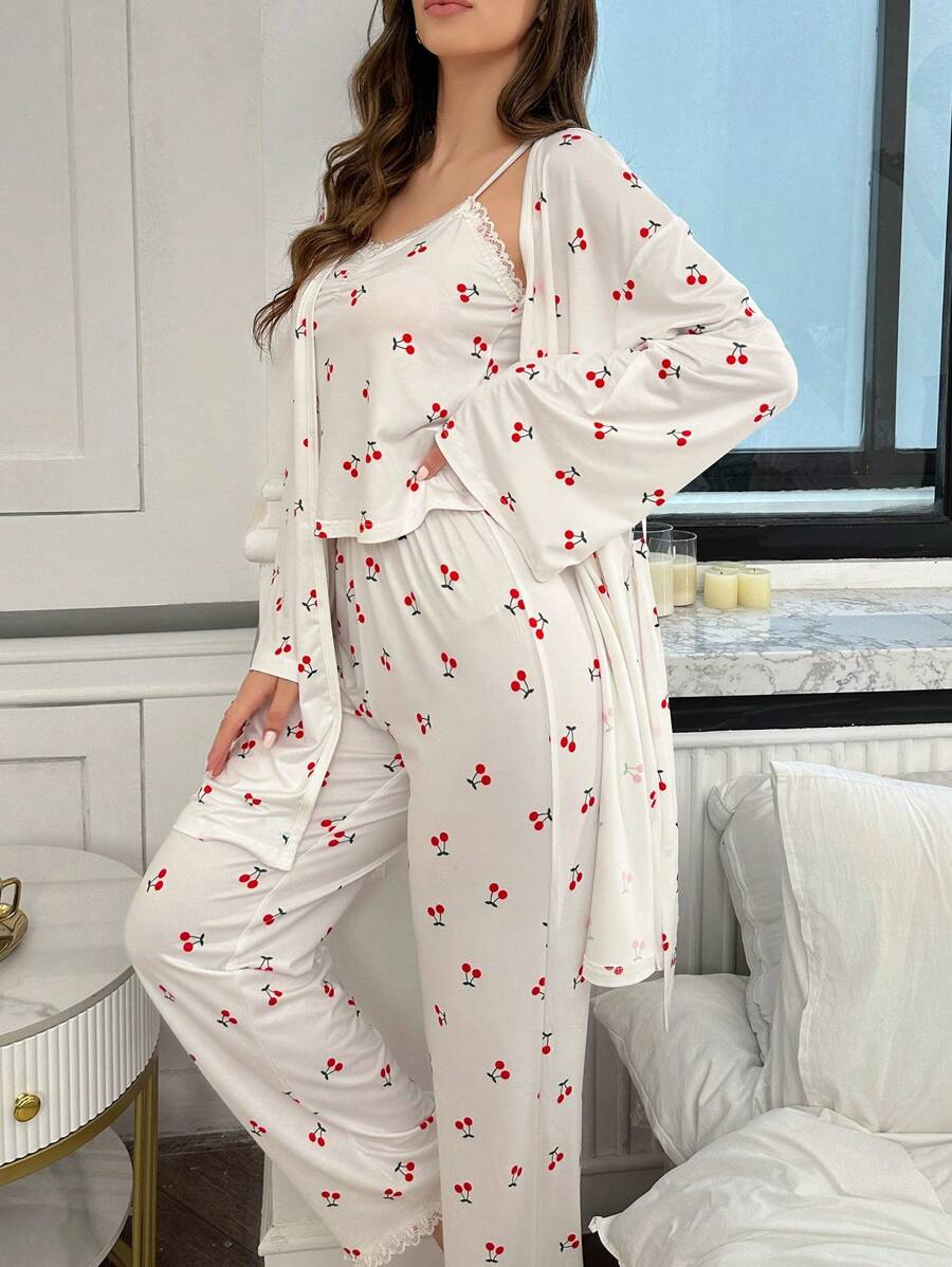 CottageSlumber 3件套女士樱花印花吊带背心、长裤和系带睡袍睡衣套装，秋冬舒适优雅细节