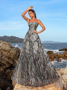 Faeriesty 女士优雅华丽渐变花卉亮片正式派对礼服，后背系带，及地长裙摆 | 适合婚礼、盛大晚宴、戛纳派对及夏季度假的奢华晚礼服 - 銀色 - 查看 7