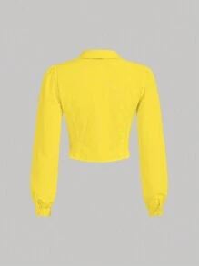SHEIN MOD Women's Solid Color Puffy Sleeve Casual Blouse, Spring & Summer - Yellow - View 6