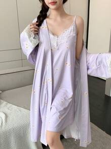 DAZY Dot Print Lace Patchwork Camisole Dress & Robe Pajama Set - Purple - View 3