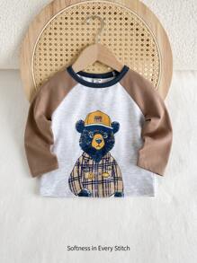 Cozy Pixies Baby Boy Cartoon Bear Pattern Contrast Color Crew Neck Raglan Pullover Sweatshirt, Soft & Comfortable, Suitable For Layering Or Outerwear In Spring, Autumn & Winter