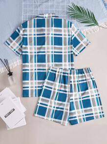 2pcs Plaid Pattern Short Sleeve Cardigan And Shorts Casual Pajama Set For Tween Boys