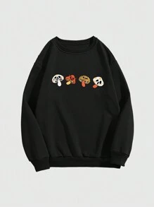 ROMWE 女士宽松图案印花运动衫，带有万圣节南瓜、蘑菇和鬼魂图案，黑色运动衫 - 黑色 - 查看 1