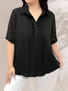 SHEIN LUNE Chemise noire élégante et douce avec volants et boutons décoratifs pour femmes grandes tailles - Noir - Voir 4