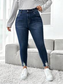 SHEIN ICON Plus Size Distressed Denim Jeans With Cat Whisker Details - Dark Wash - View 1