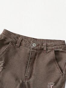 Tween Girl Y2K 甜美酷炫都市风格平口袋可调节喇叭牛仔裤 - 咖啡棕 - 查看 7