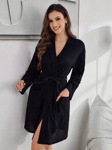 Waffle Weave Minimalist Casual Robe With Pockets, For Fall - Black - View 3
