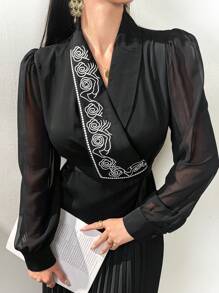 Modelyn Women's Flower Embroidery Mesh Contrast Long Sleeve Loose Long Dress - Black - View 2