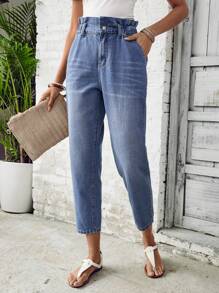 SHEIN LUNE Quần jean denim nữ ống côn, cạp bèo, có túi, kiểu dáng thường ngày. - Màu xanh lam - Xem 1