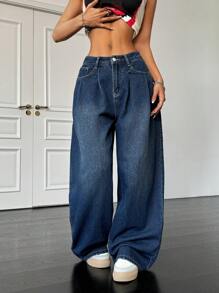 SHEIN ICON Women's Relaxed Fit Pleated Wide Leg Jeans, Blue, Y2k Clothes Women - Dark Wash - View 7