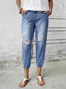 SHEIN LUNE 女士破洞口袋锥形休闲百搭牛仔裤 - 藍色 - 查看 3