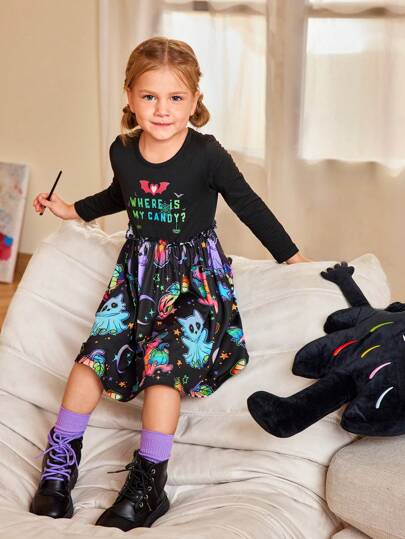 Halloween Party Young Girl Colorful Ghost Kitten Pumpkin Knitted Long Sleeve Dress