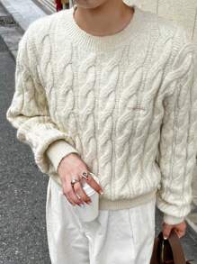 FRIFUL Suéter casual de punto de cable con letras bordadas de manga larga para mujer, otoño e invierno